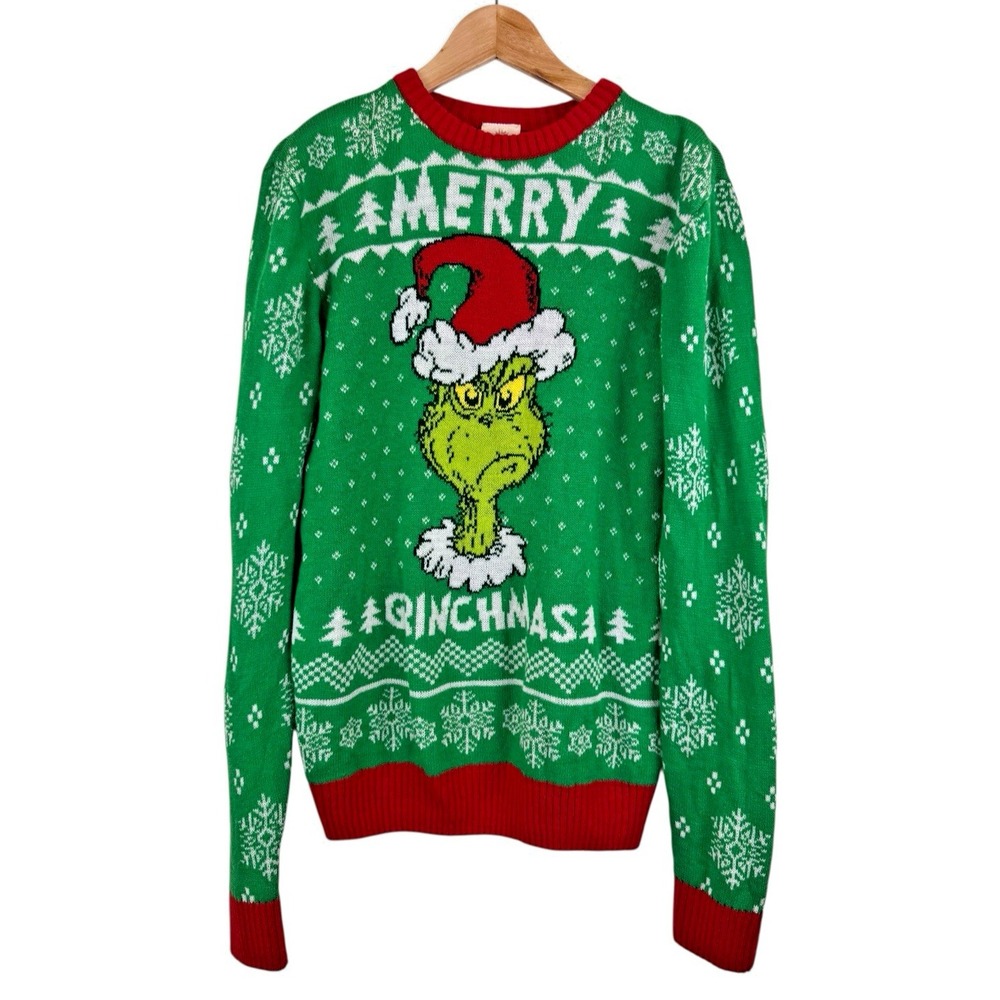 MERRY GRINCHMAS Ugly Christmas Crew Neck Sweater Size M The Grinch Green - Picture 2 of 7